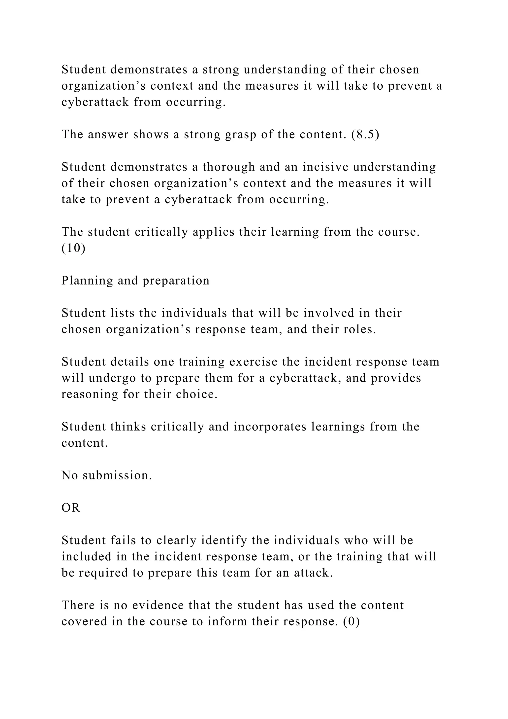Student demonstrates a strong understanding of their chosen
organization’s context and the measures it will take to prevent a
cyberattack from occurring.
The answer shows a strong grasp of the content. (8.5)
Student demonstrates a thorough and an incisive understanding
of their chosen organization’s context and the measures it will
take to prevent a cyberattack from occurring.
The student critically applies their learning from the course.
(10)
Planning and preparation
Student lists the individuals that will be involved in their
chosen organization’s response team, and their roles.
Student details one training exercise the incident response team
will undergo to prepare them for a cyberattack, and provides
reasoning for their choice.
Student thinks critically and incorporates learnings from the
content.
No submission.
OR
Student fails to clearly identify the individuals who will be
included in the incident response team, or the training that will
be required to prepare this team for an attack.
There is no evidence that the student has used the content
covered in the course to inform their response. (0)
 