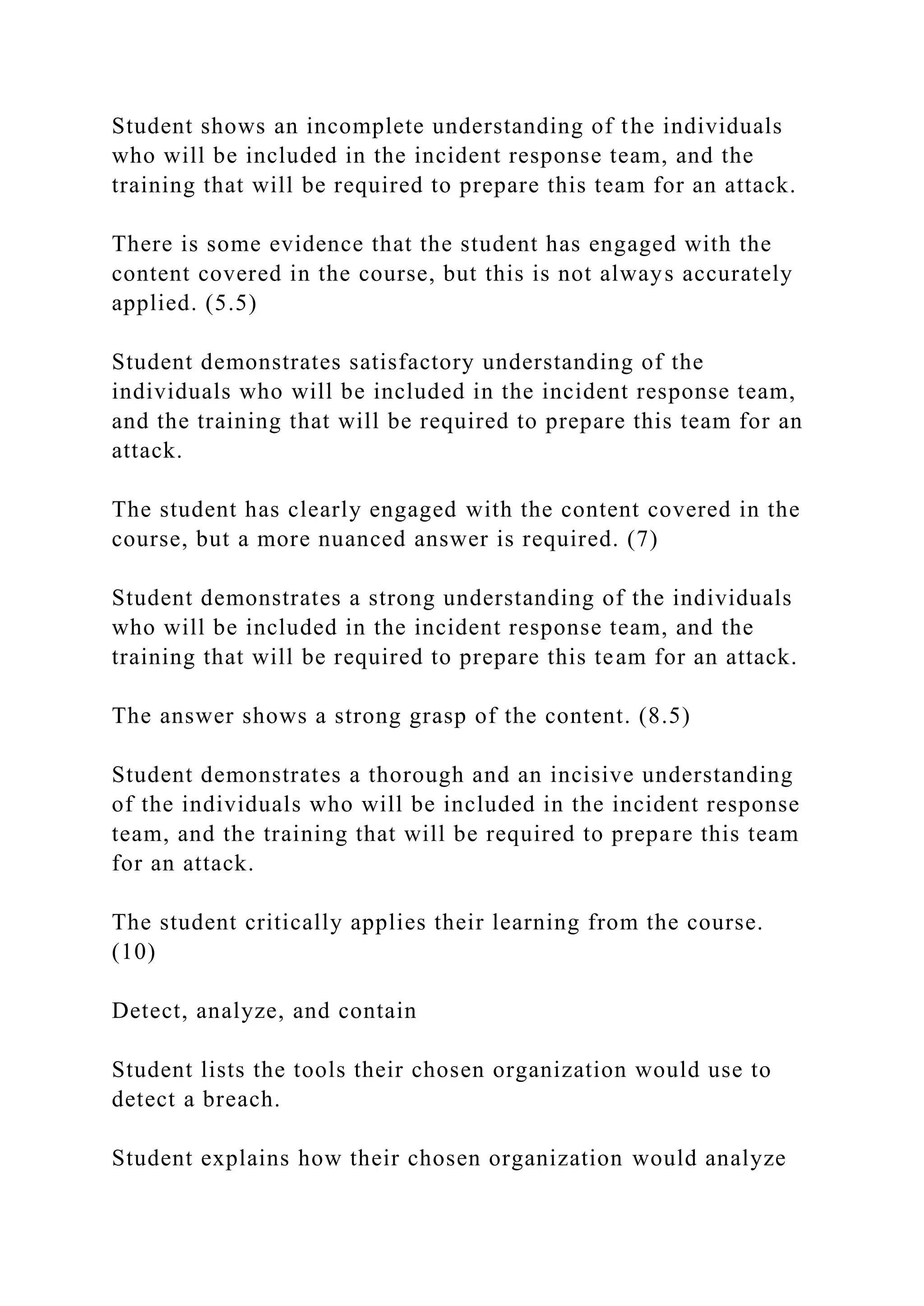 Student shows an incomplete understanding of the individuals
who will be included in the incident response team, and the
training that will be required to prepare this team for an attack.
There is some evidence that the student has engaged with the
content covered in the course, but this is not always accurately
applied. (5.5)
Student demonstrates satisfactory understanding of the
individuals who will be included in the incident response team,
and the training that will be required to prepare this team for an
attack.
The student has clearly engaged with the content covered in the
course, but a more nuanced answer is required. (7)
Student demonstrates a strong understanding of the individuals
who will be included in the incident response team, and the
training that will be required to prepare this team for an attack.
The answer shows a strong grasp of the content. (8.5)
Student demonstrates a thorough and an incisive understanding
of the individuals who will be included in the incident response
team, and the training that will be required to prepare this team
for an attack.
The student critically applies their learning from the course.
(10)
Detect, analyze, and contain
Student lists the tools their chosen organization would use to
detect a breach.
Student explains how their chosen organization would analyze
 