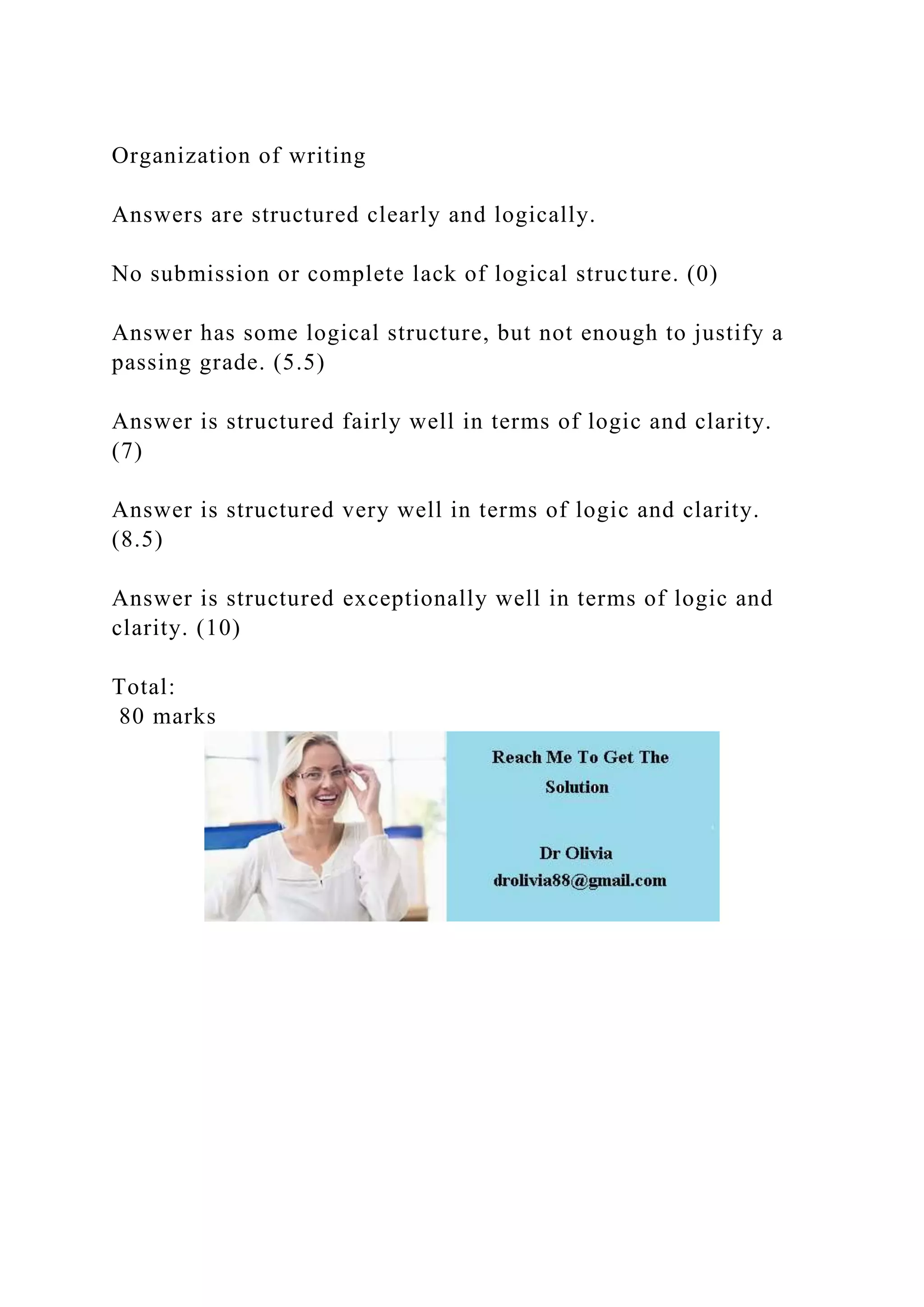 Organization of writing
Answers are structured clearly and logically.
No submission or complete lack of logical structure. (0)
Answer has some logical structure, but not enough to justify a
passing grade. (5.5)
Answer is structured fairly well in terms of logic and clarity.
(7)
Answer is structured very well in terms of logic and clarity.
(8.5)
Answer is structured exceptionally well in terms of logic and
clarity. (10)
Total:
80 marks
 