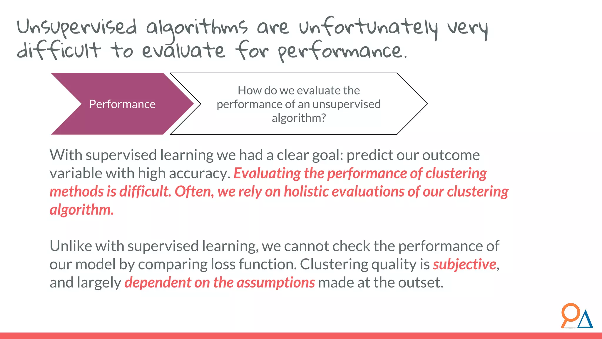 Performance How do we evaluate the performance of an unsupervised algorithm? With supervised learning we had a clear goal: predict our outcome variable with high accuracy. Evaluating the performance of clustering methods is difficult. Often, we rely on holistic evaluations of our clustering algorithm. Unlike with supervised learning, we cannot check the performance of our model by comparing loss function. Clustering quality is subjective, and largely dependent on the assumptions made at the outset. Unsupervised algorithms are unfortunately very difficult to evaluate for performance. 