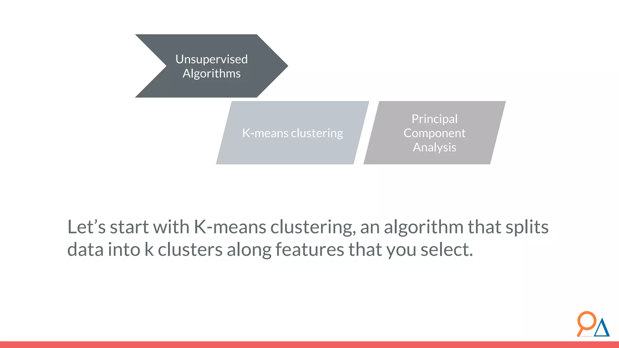 Unsupervised Algorithms Let’s start with K-means clustering, an algorithm that splits data into k clusters along features that you select. K-means clustering Principal Component Analysis 