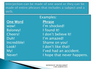 Introductory expressions such as yes, no, indeed and well are also classed as interjections.Examples:a. Indeed, this is not the first time the stand has        collapsed. b. Yes, I do intend to cover the bet.c. I'm sure I don't know half the people who come to my house. Indeed, for all I hear, I shouldn't like to. d. Well, it's 1 a.m. Better go home and spend some quality time with the kids. (Homer Simpson)1. Yes and NoReported by : Ms Gina Ashley & Ms. LilibethLucin