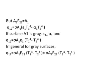 But A2F21=A1
 q12=σA1(ε1T14- α1T24 )
If surface A1 is gray, ε1= α1 and
q12=σA1ε1 (T14- T24 )
In general for gray surfaces,
q12=σA1F12 (T14- T24 )= σA2F21 (T14- T24 )
 