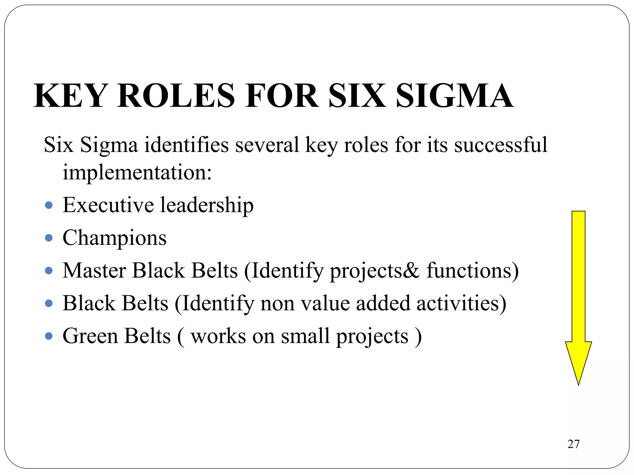 27
KEY ROLES FOR SIX SIGMA
Six Sigma identifies several key roles for its successful
implementation:
 Executive leadership
 Champions
 Master Black Belts (Identify projects& functions)
 Black Belts (Identify non value added activities)
 Green Belts ( works on small projects )
Top
Bottom
 