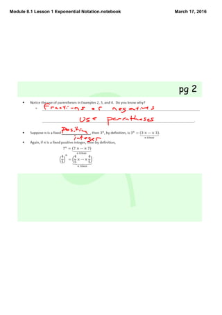 Module 8.1 Lesson 1 Exponential Notation.notebook March 17, 2016
pg 2
 