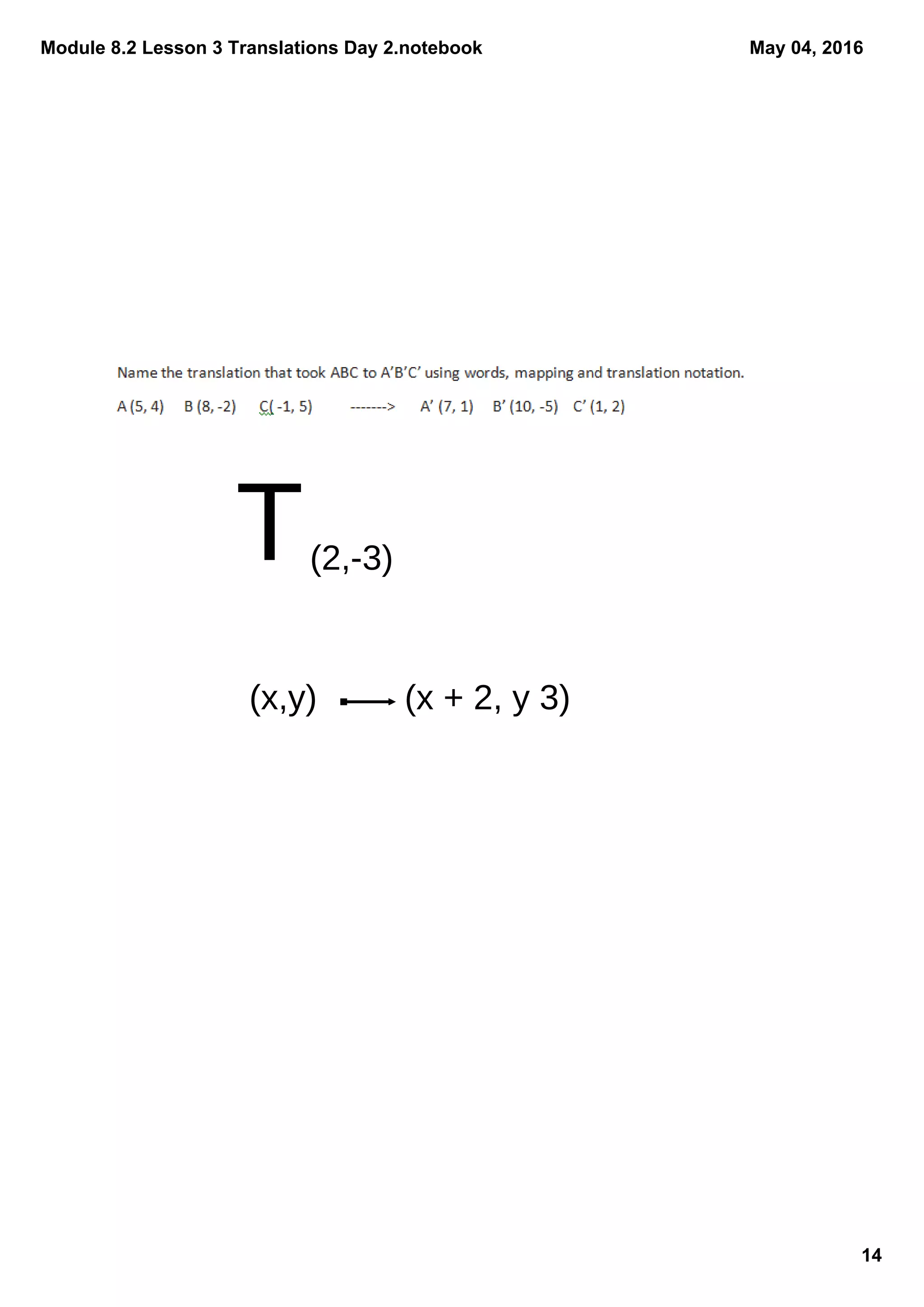 Module 8.2 Lesson 3 Translations Day 2.notebook
14
May 04, 2016
T(2,-3)
(x,y) (x + 2, y 3)
 