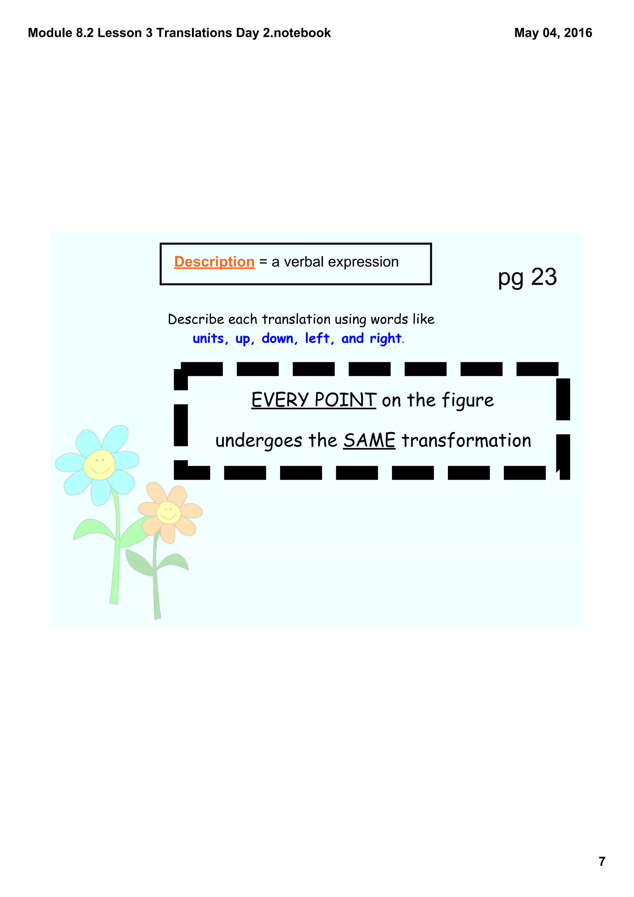 Module 8.2 Lesson 3 Translations Day 2.notebook
7
May 04, 2016
EVERY POINT on the figure
undergoes the SAME transformation 
 Description = a verbal expression
                
Describe each translation using words like
units, up, down, left, and right.
pg 23
 
