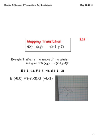 Module 8.2 Lesson 3 Translations Day 2.notebook
12
May 04, 2016
Mapping Translation
(x,y) (x+2, y-7)
Example 3: What is the images of the points
in figure EFG (x,y) (x+4,y+1)?
E (-3,-1), F (-4,-4), G (-1,-2)
S.25
ex)
E`(-6,0),F`(-7,-3),G`(-4,-1)
 