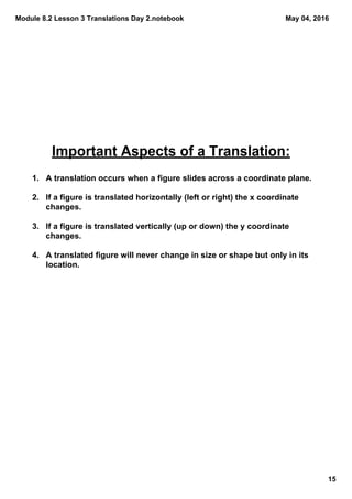 Module 8.2 Lesson 3 Translations Day 2.notebook
15
May 04, 2016
Important Aspects of a Translation:
1.   A translation occurs when a figure slides across a coordinate plane. 
2.   If a figure is translated horizontally (left or right) the x coordinate   
      changes.
3.   If a figure is translated vertically (up or down) the y coordinate 
      changes. 
4.   A translated figure will never change in size or shape but only in its 
      location.
 