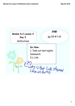 Module 8.2 Lesson 4 Reflections Day 2.notebook
1
May 06, 2016
Do Now:
1. Take out last nights
homework
2.)
Module 8.2 Lesson 4
Day 2
Reflections
HW
pg 39 # 1-8
Link
 
