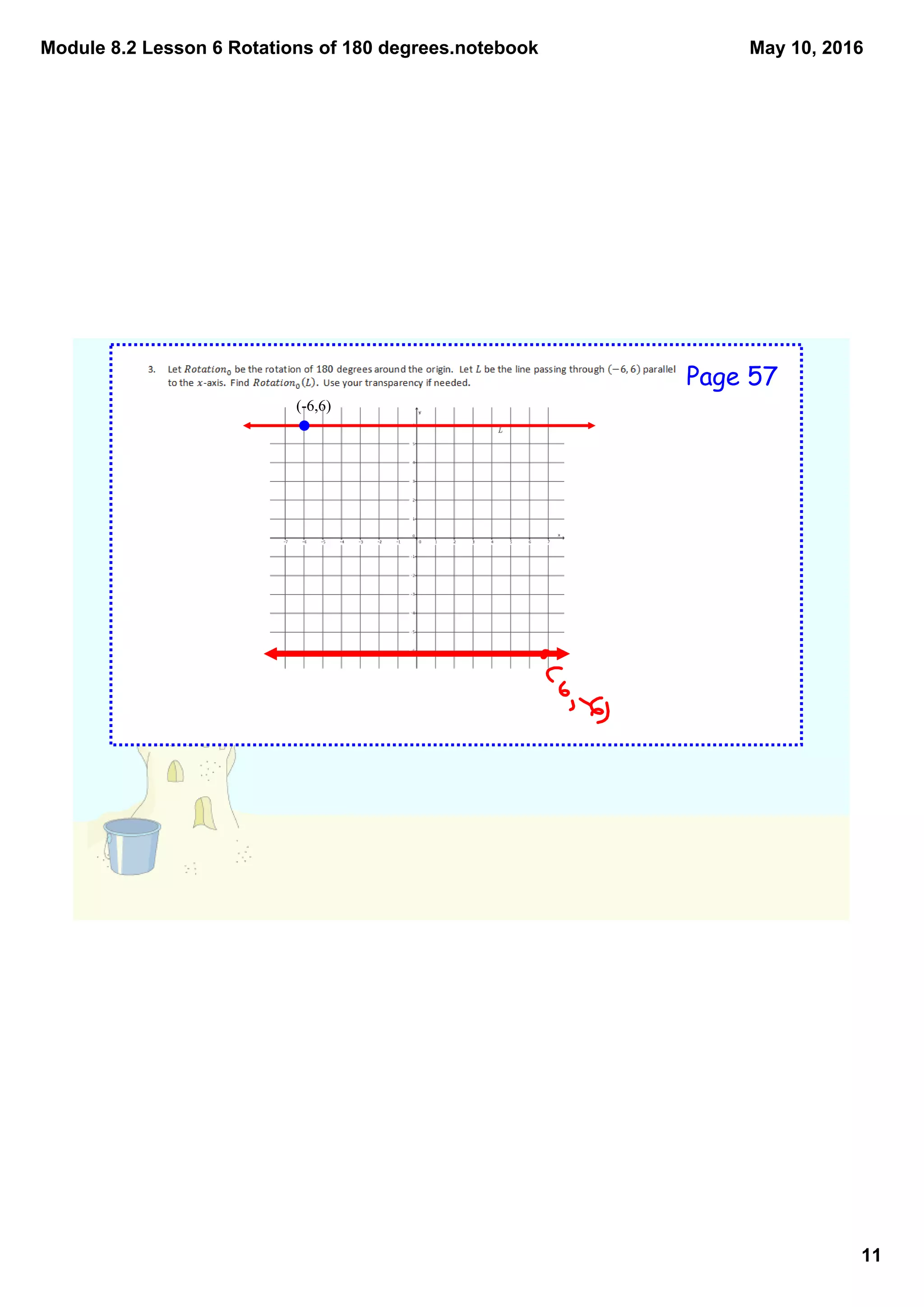 Module 8.2 Lesson 6 Rotations of 180 degrees.notebook
11
May 10, 2016
(­6,6)
Page 57
 