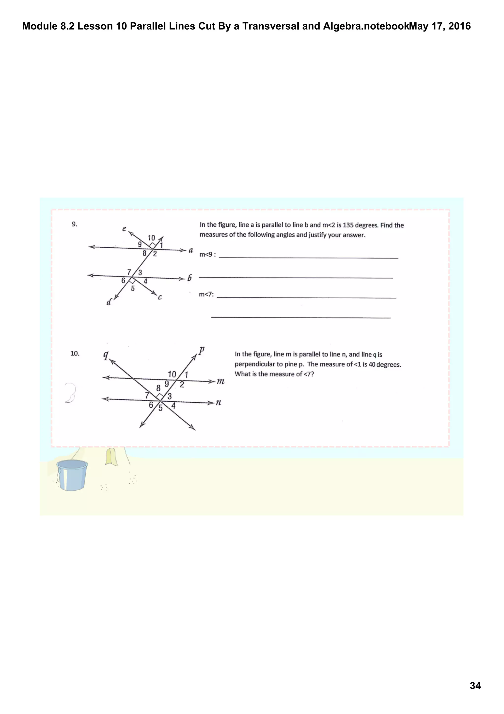 Module 8.2 lesson 10 parallel lines cut by a transversal and algebra | PDF