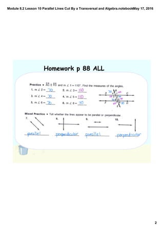 Module 8.2 lesson 10 parallel lines cut by a transversal and algebra | PDF