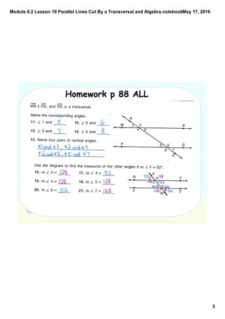 Module 8.2 lesson 10 parallel lines cut by a transversal and algebra | PDF