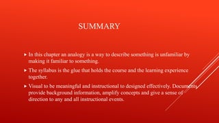 SUMMARY
 In this chapter an analogy is a way to describe something is unfamiliar by
making it familiar to something.
 The syllabus is the glue that holds the course and the learning experience
together.
 Visual to be meaningful and instructional to designed effectively. Documents
provide background information, amplify concepts and give a sense of
direction to any and all instructional events.
 