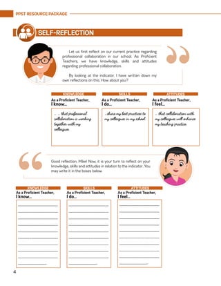 PPST RESOURCE PACKAGE
4
Let us first reflect on our current practice regarding
professional collaboration in our school. As Proficient
Teachers, we have knowledge, skills and attitudes
regarding professional collaboration.
By looking at the indicator, I have written down my
own reflections on this. How about you?
SELF-REFLECTION
… … that professional
collaboration is working
together with my
colleagues.
…share my best practices to
my colleagues in my school.
… that collaboration with
my colleagues will enhance
my teaching practice.
As a Proficient Teacher,
I know…
As a Proficient Teacher,
I do…
As a Proficient Teacher,
I feel…
KNOWLEDGE SKILLS ATTITUDES
Good reflection, Mike! Now, it is your turn to reflect on your
knowledge, skills and attitudes in relation to the indicator. You
may write it in the boxes below.
“_________________________
________________________
_________________________
_________________________
_________________________
________________________
_________________________
_________________________
_________________________
__________________.
As a Proficient Teacher,
I know…
As a Proficient Teacher,
I do…
As a Proficient Teacher,
I feel…
KNOWLEDGE SKILLS ATTITUDES
_________________________
________________________
_________________________
_________________________
_________________________
________________________
_________________________
_________________________
_________________________
__________________.
_________________________
________________________
_________________________
_________________________
_________________________
________________________
_________________________
_________________________
_________________________
__________________.
“
 