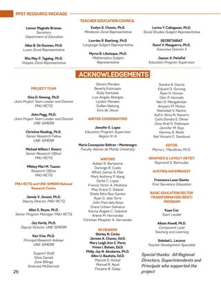 PPST RESOURCE PACKAGE
26
ACKNOWLEDGEMENTS
Leonor Magtolis Briones
Secretary
Department of Education
Allan B. De Guzman, Ph.D.
Luzon Zonal Representative
Rita May P. Tagalog, Ph.D.
Visayas Zonal Representative
Evelyn G. Chavez, Ph.D.
Mindanao Zonal Representative
Lourdes R. Baetiong, Ph.D.
Language Subject Representative
Myrna B. Libutaque, Ph.D.
Mathematics Subject
Representative
TEACHER EDUCATION COUNCIL
Lorina Y. Calingasan, Ph.D.
Social Studies Subject Representative
SECRETARIAT
Runvi V. Manguerra, Ph.D.
Executive Director II
Jayson A. Peñafiel
Education Program Supervisor
PROJECT TEAM
Gina O. Gonong, Ph.D.
Joint Project Team Leader and Director
PNU-RCTQ
John Pegg, Ph.D.
Joint Project Team Leader and Director
UNE-SiMERR
Christine Reading, Ph.D.
Senior Research Fellow
UNE-SiMERR
Michael Wilson I. Rosero
Senior Research Officer
PNU-RCTQ
Mikkey Mari M. Tuazon
Research Officer
PNU-RCTQ
PNU-RCTQ and UNE-SiMERR National
Research Centre
Jennie V. Jocson, Ph.D.
Deputy Director, PNU-RCTQ
Allan S. Reyes. Ph.D.
Senior Program Manager, PNU-RCTQ
Joy Hardy, Ph.D.
Deputy Director, UNE-SiMERR
Ken Vine, Ph.D.
Principal Research Adviser
UNE-SiMERR
Support Staff
Silvia Danieli
June Billings
Ambrose McDermott
Glinore Morales
Beverly Estocapio
Ruby Gantalao
Luis Angelo Abergas
Lyndon Morales
Guillen Nabong
Ezra de Jesus
WRITER-COORDINATORS
Jennifer E. Lopez
Education Program Supervisor
Region IV-A
Maria Concepcion Beltran - Montenegro
Faculty, Ateneo de Manila University
WRITERS
Adelyn R. Bartolome
Domingo R. Cueto
Alfred James A. Ellar
Mark Anthony P. Idang
Gerlie C. Lopez
Francis Victor A. Medrano
May Grace D. Salazar
Shiela Niña Rea-Santes
Ryan G. dela Torre
John Paul dela Rosa
Grace Urbien-Salvatus
Karina Angela C. Celestial
Arlene M. Hernandez
Christian Mespher A. Hernandez
REVIEWERS
Shirley N. Cerbo
Jerome A. Chavez, Ed.D.
Mary Leigh Ann C. Perez
Vivian I. Buhain, Ed.D.
Philip Jay N. Alcoberes, Ph.D.
Allen U. Bautista, Ed.D.
Maricel D. Ambid
Manuel R. Apuli
Florpina B. Galay
Sandra A. Garcia
Eduard O. Gonong
Ryan H. Homan
Glen P. Honrado
Neri D. Mangalindan
Amparo M. Muñoz
Natividad V. Nacino
Aufric Alma N. Navarro
Carlo Donato E. Olivan
Jose Ariel S. Padsoyan
Jennifer M. Rojo
Gemma A. Realo
Neil Vincent C. Sandoval
EDITOR
Myrna L. Macalinao, Ph.D.
GRAPHICS & LAYOUT ARTIST
Raymond S. Bermudez
AUSTRALIAN EMBASSY
Francesca Lawe-Davies
First Secretary-Education
BASIC EDUCATION SECTOR
TRANSFORMATION (BEST)
PROGRAM
Kaye Cox
Team Leader
Alison Atwell, Ph.D.
Component Lead
Teaching and Learning
Soledad L. Lecaroz
Teacher Development Specialist
Special thanks: All Regional
Directors, Superintendents and
Principals who supported the
project
 