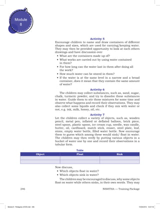 246 NISHTHA — Training Package
Module
8
Activity 5
Encourage children to name and draw containers of different
shapes and sizes, which are used for carrying/keeping water.
They may then be provided opportunity to look at each others
drawings and have discussion over
•	What are the containers made up of?
•	What works are carried out by using water contained
in them?
•	For how long can the water last in them after doing all
the work?
•	How much water can be stored in them?
•	If the water is at the same level in a narrow and a broad
container, does it mean that they contain the same amount
of water?
Activity 6
The children may collect substances, such as, sand, sugar,
chalk, turmeric powder, and try to dissolve these substances
in water. Guide them to stir those mixtures for some time and
observe what happens and record their observations. They may
also collect some liquids and check if they mix with water or
not, e.g. ink, milk, honey, oil, etc.
Activity 7
Let the children collect a variety of objects, such as, wooden
pencil, metal pen, inflated or deflated balloon, brick piece,
steel spoon, plastic spoon, ice cream cup, needle, wax candle,
butter, oil, cardboard, match stick, eraser, steel plate, leaf,
stone, empty water bottle, filled water bottle. Now encourage
them to guess which among these would sink/ float in water.
The children may then verify by putting various objects in a
bucket of water one by one and record their observations in a
tabular form.
Table
Object Float Sink
Now discuss,
•	Which objects float in water?
•	Which objects sink in water?
The children may be encouraged to discuss, why some objects
float on water while others sinks, in their own words. They may
Module 8 - Pedagody of EVS.indd 246 19-08-2019 13:27:18
 