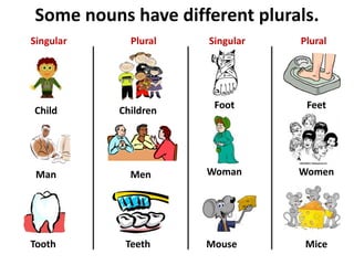 Some nouns have different plurals.
Child
Man
Tooth
Children
Men
Teeth
Singular Plural
Foot
Woman
Mouse
Feet
Women
Mice
Singular Plural
 