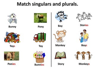Match singulars and plurals.
Bunny Pony
Story
Bunnies
Ponies
Stories
Monkey
Monkeys
Toys Toy
Boy
Boys
 