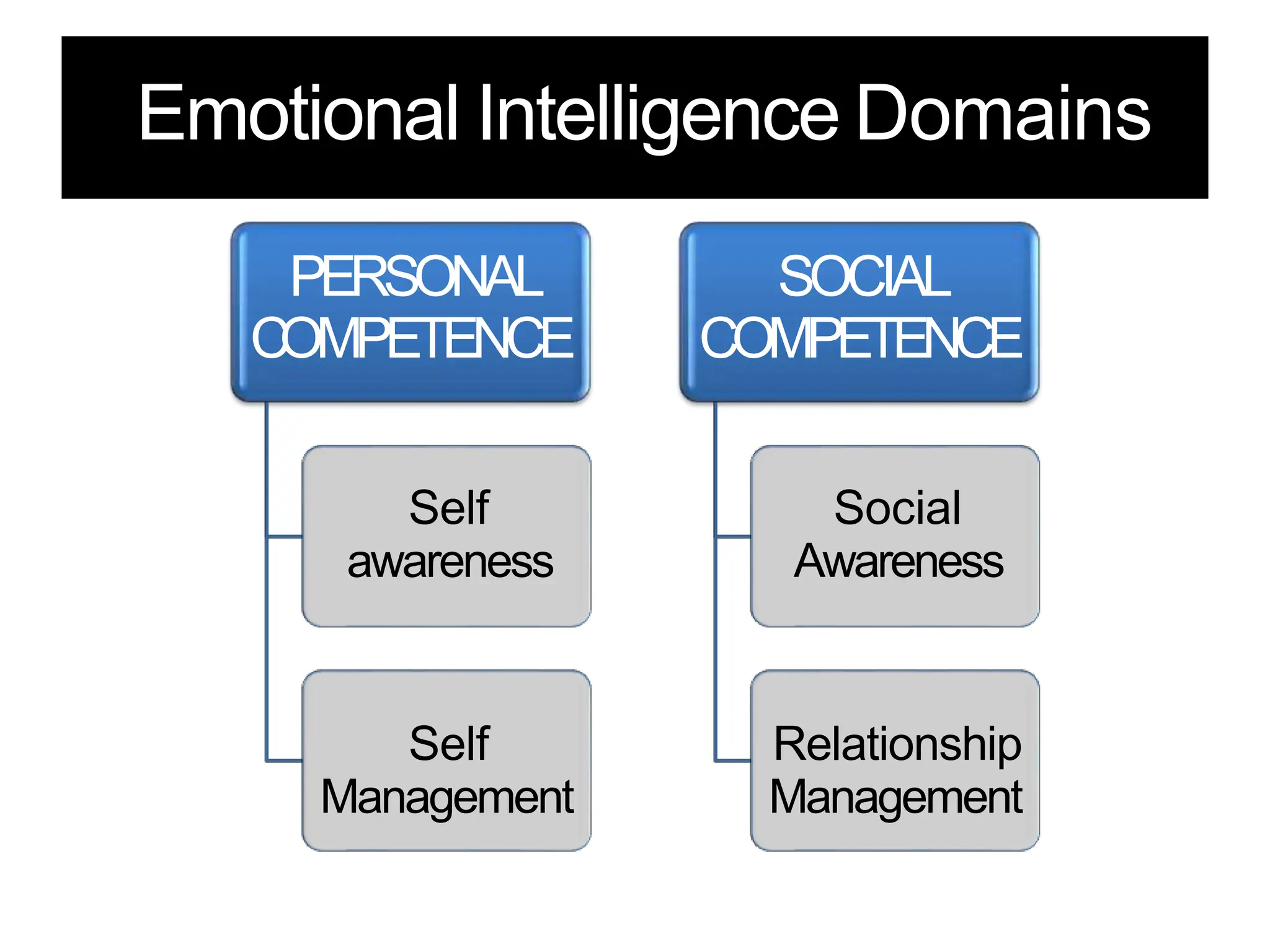 Emotional Intelligence Domains
PERSONAL
C
OMPETENCE
Self
awareness
Self
Management
SOCIAL
COMPETENCE
Social
Awareness
Relationship
Management
 