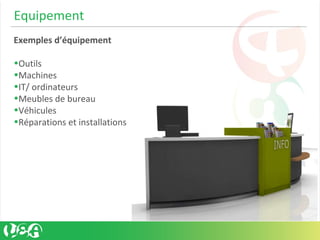 Equipement
Exemples d’équipement
•Outils
•Machines
•IT/ ordinateurs
•Meubles de bureau
•Véhicules
•Réparations et installations
 