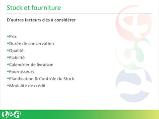 Stock et fourniture
D'autres facteurs clés à considérer
•Prix
•Durée de conservation
•Qualité.
•Fiabilité
•Calendrier de livraison
•Fournisseurs
•Planification & Contrôle du Stock
•Modalité de crédit
 