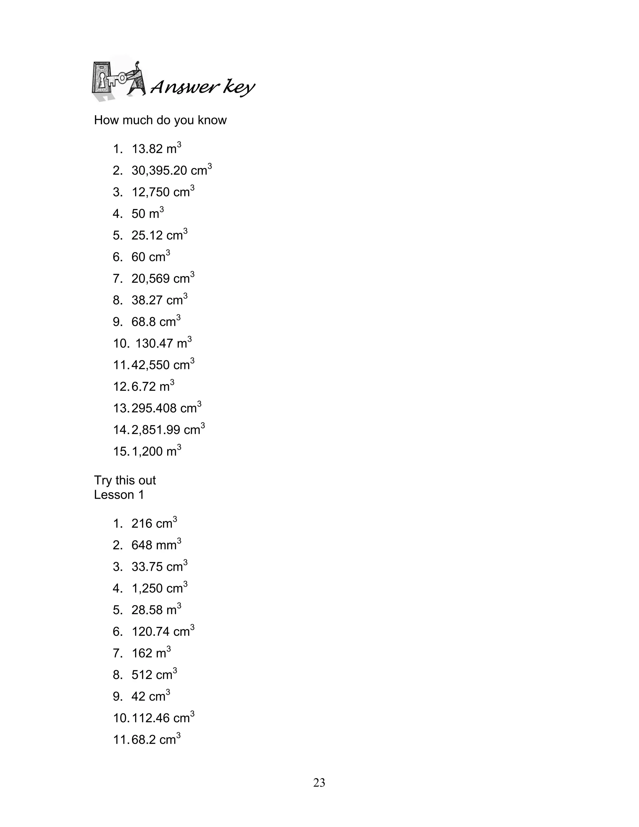 23
Answer key
How much do you know
1. 13.82 m3
2. 30,395.20 cm3
3. 12,750 cm3
4. 50 m3
5. 25.12 cm3
6. 60 cm3
7. 20,569 cm3
8. 38.27 cm3
9. 68.8 cm3
10. 130.47 m3
11.42,550 cm3
12.6.72 m3
13.295.408 cm3
14.2,851.99 cm3
15.1,200 m3
Try this out
Lesson 1
1. 216 cm3
2. 648 mm3
3. 33.75 cm3
4. 1,250 cm3
5. 28.58 m3
6. 120.74 cm3
7. 162 m3
8. 512 cm3
9. 42 cm3
10.112.46 cm3
11.68.2 cm3
 