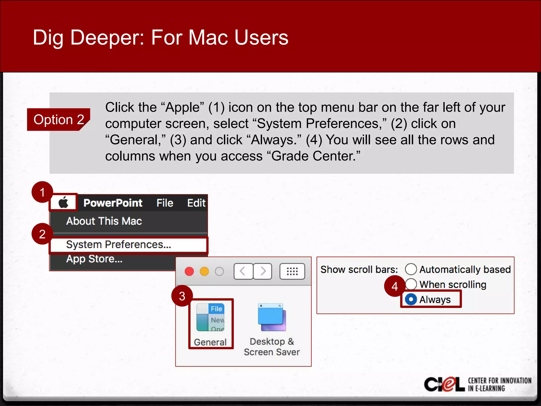 Dig Deeper: For Mac Users
Option 2
Click the “Apple” (1) icon on the top menu bar on the far left of your
computer screen, select “System Preferences,” (2) click on
“General,” (3) and click “Always.” (4) You will see all the rows and
columns when you access “Grade Center.”
1
2
3
4
 