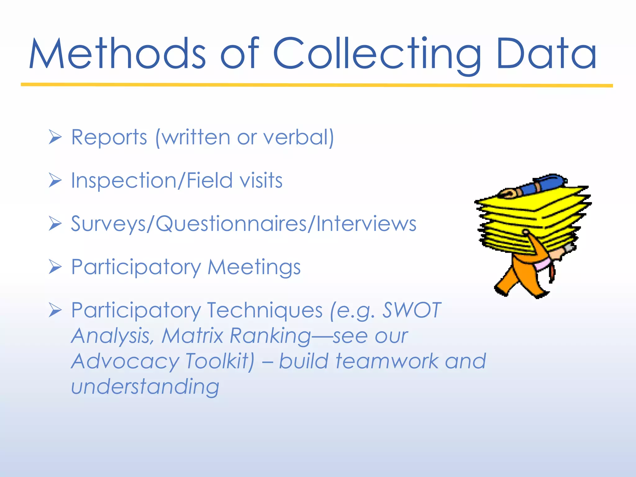 Methods of Collecting Data
 Reports (written or verbal)
 Inspection/Field visits
 Surveys/Questionnaires/Interviews
 Participatory Meetings
 Participatory Techniques (e.g. SWOT
Analysis, Matrix Ranking—see our
Advocacy Toolkit) – build teamwork and
understanding
 