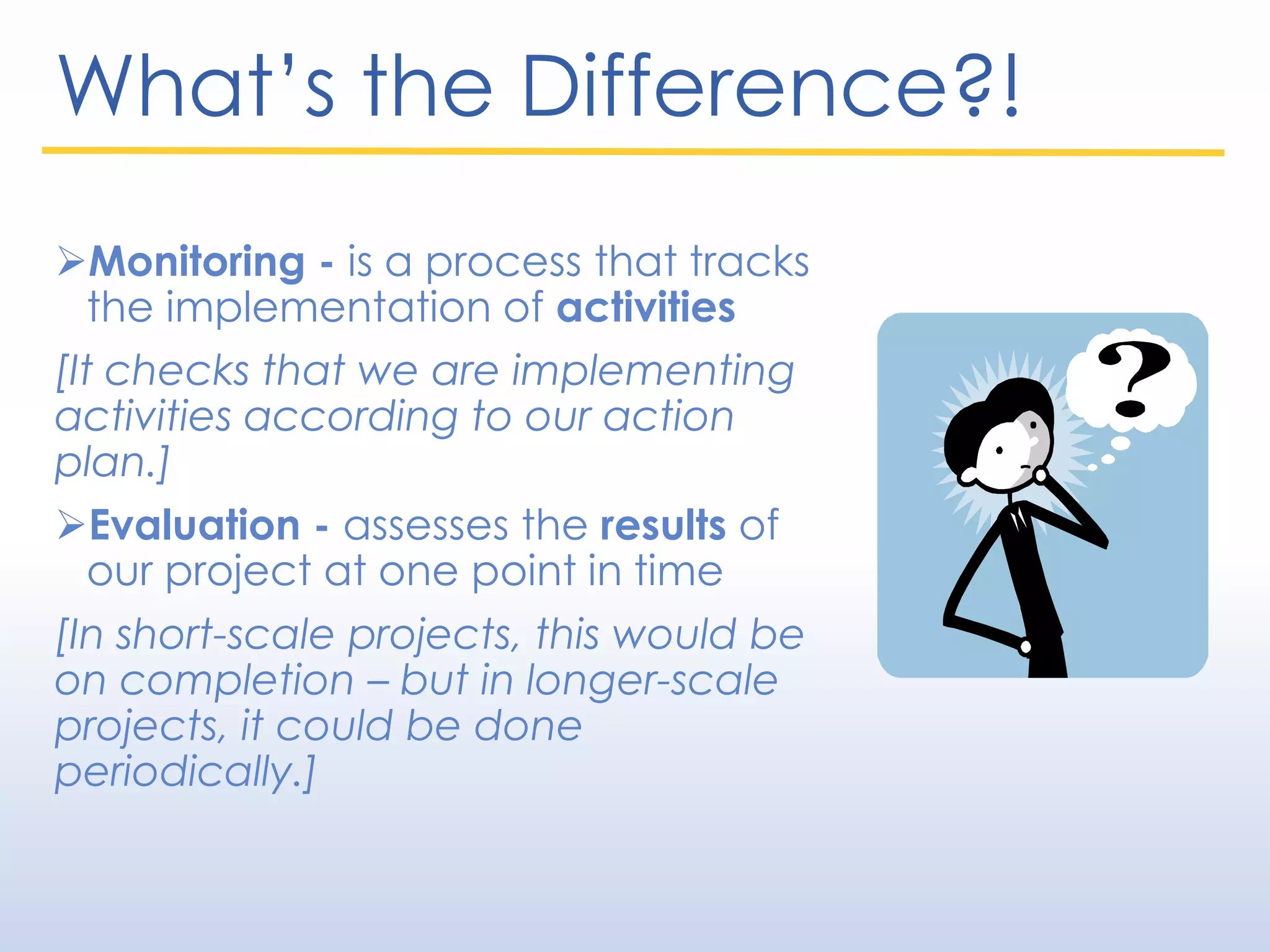 What’s the Difference?!
Monitoring - is a process that tracks
the implementation of activities
[It checks that we are implementing
activities according to our action
plan.]
Evaluation - assesses the results of
our project at one point in time
[In short-scale projects, this would be
on completion – but in longer-scale
projects, it could be done
periodically.]
 
