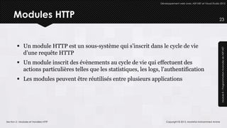 Développement web avec ASP.NET et Visual Studio 2012




      Modules HTTP                                                                                                    23




          Un module HTTP est un sous-système qui s’inscrit dans le cycle de vie




                                                                                                                       Module 8 – Programmation Avancée de ASP.NET
           d’une requête HTTP
          Un module inscrit des évènements au cycle de vie qui effectuent des
           actions particulières telles que les statistiques, les logs, l’authentification
          Les modules peuvent être réutilisés entre plusieurs applications




Section 2 : Modules et Handlers HTTP                                       Copyright © 2013, Mostefai Mohammed Amine
 