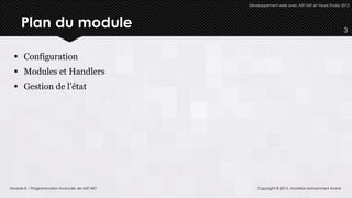 Développement web avec ASP.NET et Visual Studio 2012




     Plan du module                                                                            3



  Configuration
  Modules et Handlers
  Gestion de l’état




Module 8 – Programmation Avancée de ASP.NET       Copyright © 2013, Mostefai Mohammed Amine
 