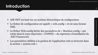 Développement web avec ASP.NET et Visual Studio 2012




      Introduction                                                                                                       5




          ASP.NET est basé sur un système hiérarchique de configuration




                                                                                                                   Module 8 – Programmation Avancée de ASP.NET
          Le fichier de configuration est appelé « web.config » et est sous format
           XML
          Le fichier Web.config hérite des paramètres de « Machine.config » qui
           existe dans le sous-répertoire « CONFIG » du répertoire d’installation du
           .NET Framework
          Les paramètres dédiées à la gestion de l’application web se trouvent dans
           la section « system.web »


Section 1 : Configuration des Applications ASP.NET                     Copyright © 2013, Mostefai Mohammed Amine
 