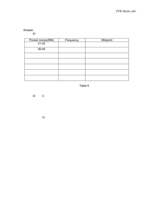 PPR Maths nbk




Answer:
      a)

   Pocket money(RM)   Frequency             Midpoint
         31-35
           36-40




                                  Table 6


      d)     i)




             ii)
 