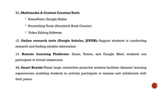 11. Multimedia & Content Creation Tools
 PowerPoint, Google Slides
 Storytelling Tools (Storybird, Book Creator)
 Video Editing Software
12. Online research tools (Google Scholar, JSTOR): Support students in conducting
research and finding reliable information
13. Remote Learning Platforms- Zoom, Teams, and Google Meet, students can
participate in virtual classrooms
14. Smart Boards-These large, interactive projector screens facilitate dynamic learning
experiences, enabling students to actively participate in lessons and collaborate with
their peers.
 
