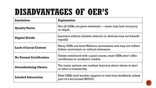 DISADVANTAGES OF OER’S
Limitation Explanation
QualityVaries
Not all OERs are peer-reviewed — some may lack accuracy
or depth.
Digital Divide
Learners without reliable internet or devices may not benefit
equally.
Lack of Local Context
Many OERs are from Western universities and may not reflect
Indian curriculum or cultural relevance.
No Formal Certification
Unless combined with a paid course, most OERs don’t offer
certificates or academic credits.
Overwhelming Choice
Too many options can confuse learners about where to start
or what is trustworthy.
Limited Interaction
Most OERs lack teacher support or real-time feedback unless
part of a structured MOOC.
 