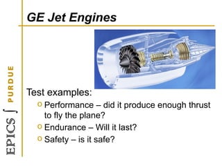 GE Jet Engines
Test examples:
o Performance – did it produce enough thrust
to fly the plane?
o Endurance – Will it last?
o Safety – is it safe?
 