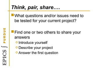 Think, pair, share….
What questions and/or issues need to
be tested for your current project?
Find one or two others to share your
answers
o Introduce yourself
o Describe your project
o Answer the first question
 