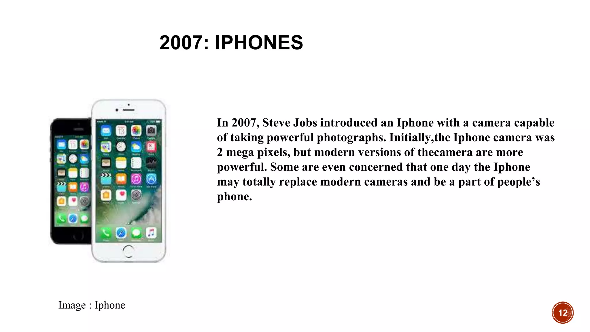 12
2007: IPHONES
In 2007, Steve Jobs introduced an Iphone with a camera capable
of taking powerful photographs. Initially,the Iphone camera was
2 mega pixels, but modern versions of thecamera are more
powerful. Some are even concerned that one day the Iphone
may totally replace modern cameras and be a part of people’s
phone.
Image : Iphone
 