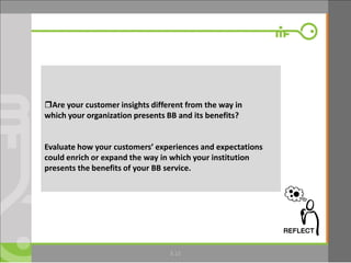 Are your customer insights different from the way in
which your organization presents BB and its benefits?
Evaluate how your customers’ experiences and expectations
could enrich or expand the way in which your institution
presents the benefits of your BB service.
8.13
 