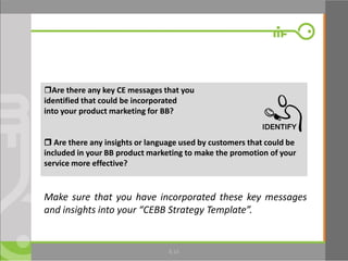 © Microfinance Opportunities 2013 16
Are there any key CE messages that you
identified that could be incorporated
into your product marketing for BB?
 Are there any insights or language used by customers that could be
included in your BB product marketing to make the promotion of your
service more effective?
8.16
Make sure that you have incorporated these key messages
and insights into your “CEBB Strategy Template”.
 