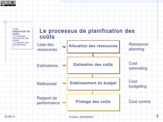 Frédéric SIMONNET
Le processus de planification des
coûts
> Le
référentiel de
coûts
> Le pilotage
économique des
projets
> La gestion des
changements
> …
> Le
référentiel de
coûts
> Le pilotage
économique des
projets
> La gestion des
changements
> …
222/08/13
Allocation des ressourcesAllocation des ressources
Estimation des coûtsEstimation des coûts
Etablissement du budgetEtablissement du budget
Pilotage des coûtsPilotage des coûts
Ressource
planning
Estimations
Référentiel
Cost control
Liste des
ressources
Cost
estimating
Cost
budgeting
Rapport de
performance
 