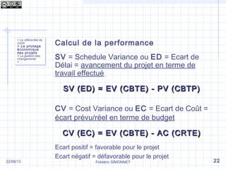Calcul de la performance
SV = Schedule Variance ou ED = Ecart de
Délai = avancement du projet en terme de
travail effectué
SV (ED) = EV (CBTE) - PV (CBTP)SV (ED) = EV (CBTE) - PV (CBTP)
CV = Cost Variance ou EC = Ecart de Coût =
écart prévu/réel en terme de budget
CV (EC) = EV (CBTE) - AC (CRTE)CV (EC) = EV (CBTE) - AC (CRTE)
Ecart positif = favorable pour le projet
Ecart négatif = défavorable pour le projet
Frédéric SIMONNET
> Le référentiel de
coûts
> Le pilotage
économique
des projets
> La gestion des
changements
> …
> Le référentiel de
coûts
> Le pilotage
économique
des projets
> La gestion des
changements
> …
2222/08/13
 