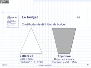 Frédéric SIMONNET
Le budget 1/2
2 méthodes de définition de budget
> Le
référentiel de
coûts
> Le pilotage
économique des
projets
> La gestion des
changements
> …
> Le
référentiel de
coûts
> Le pilotage
économique des
projets
> La gestion des
changements
> …
922/08/13
Bottom-up
Base : WBS
Précision = -5, +10%
Top-down
Base : expérience
Précision = -10, +25%
 