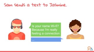 Sam sends a text to Jasmine.
Is your name Wi-fi?
Because I'm really
feeling a connection
...
 