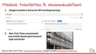 Machine translation & recommendations
1. Google translate is driven by NLP and deep learning
2. New York Times recommends
new articles based upon keyword
topic extraction
Source: New York Times - LDA recommendation, Google translate, the great AI awakening
 