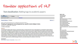 Familiar applications of NLP
Text classification: Adding tags to academic papers
 