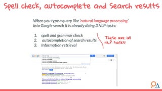 Spell check, autocomplete and Search results
When you type a query like ‘natural language processing’
into Google search it is already doing 3 NLP tasks:
1. spell and grammar check
2. autocompletion of search results
3. Information retrieval
These are all
NLP tasks!
 