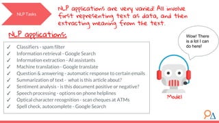 NLP Tasks
NLP applications are very varied! All involve
first representing text as data, and then
extracting meaning from the text.
✓ Classifiers - spam filter
✓ Information retrieval - Google Search
✓ Information extraction - AI assistants
✓ Machine translation - Google translate
✓ Question & answering - automatic response to certain emails
✓ Summarization of text - what is this article about?
✓ Sentiment analysis - is this document positive or negative?
✓ Speech processing - options on phone helplines
✓ Optical character recognition - scan cheques at ATMs
✓ Spell check, autocomplete - Google Search
NLP applications:
Model
Wow! There
is a lot I can
do here!
 
